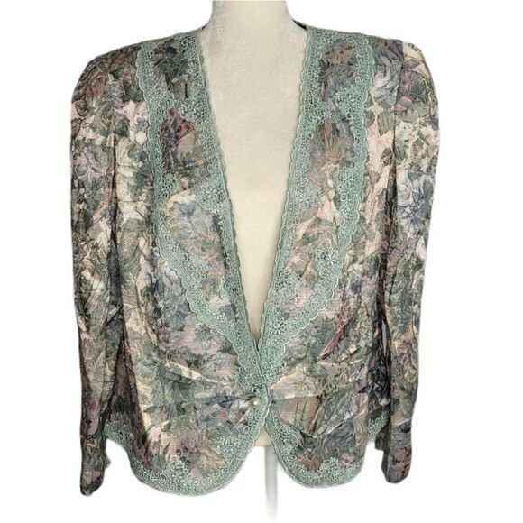 VINTAGE 80s does Victorian blazer metallic tapestry floral jacket 16W - Picture 1 of 15